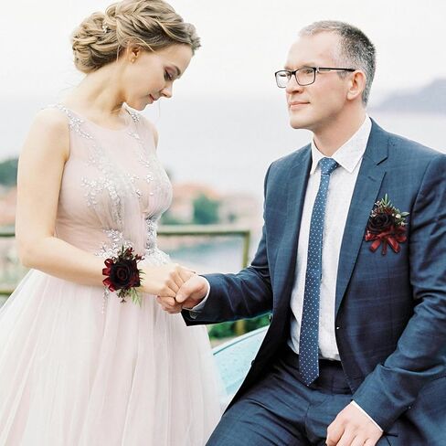 2 Pcs Wine Red Rose Corsage and Boutonniere Set for Wedding, Artificial Flower Prom Wrist Corsage, Wrist Corsage and Men Boutonniere Set for Prom Suit Decoration Wedding Flower Party Accessories in Kuwait