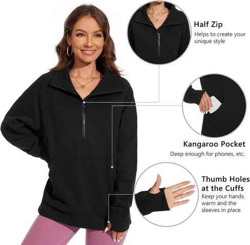 Lightbare Women’s Fleece Sweatshirt Half Zip Oversized Pullover Loose Fit Sweat Tops with Pocket Thumb Hole Fall Winter in Saudi Arabia