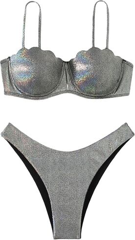 Milumia Women's 2 Piece Metallic Scallop Trim Bikini Set Push Up High Leg Swimsuit in Saudi Arabia