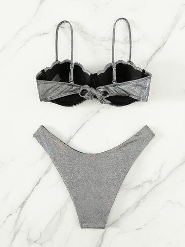 Milumia Women's 2 Piece Metallic Scallop Trim Bikini Set Push Up High Leg Swimsuit in Saudi Arabia