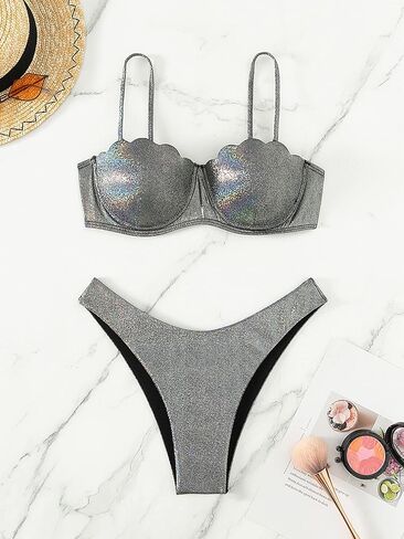 Milumia Women's 2 Piece Metallic Scallop Trim Bikini Set Push Up High Leg Swimsuit in Saudi Arabia