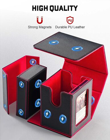 ZLCA MTG Deck Box، صندوق سطح القائد مع نافذة عرض، صندوق سطح البطاقات يحمل 100 بطاقة مزدوجة الأكمام مع صينية النرد وحامل بطاقة مغناطيسية 35pt (أسود وأحمر) in Saudi Arabia