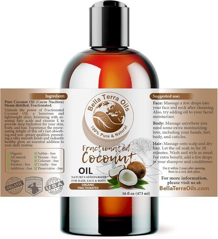 Bella Terra Oils - Organic Fractionated Coconut Oil (MCT) 4oz - Derived from Pure Coconut Essence, Abundant in Capric & Lauric Acid, Your Go-to Companion for Supple Skin in Saudi Arabia