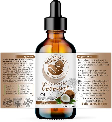 Bella Terra Oils - Organic Fractionated Coconut Oil (MCT) 4oz - Derived from Pure Coconut Essence, Abundant in Capric & Lauric Acid, Your Go-to Companion for Supple Skin in Saudi Arabia