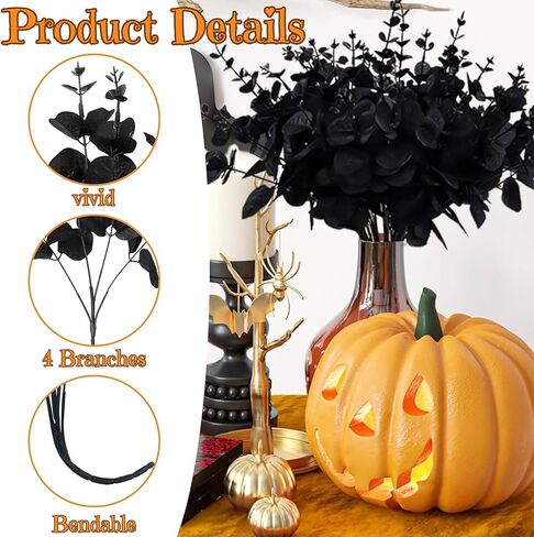 12 Pcs Artificial Black Eucalyptus Stems, 14" Faux Eucalyptus Leaves Branches Bouquet DIY Flower Arrangement, Black Silk Leaf for Halloween Centerpiece Farmhouse Home Decor(Vase Not Include) in Saudi Arabia