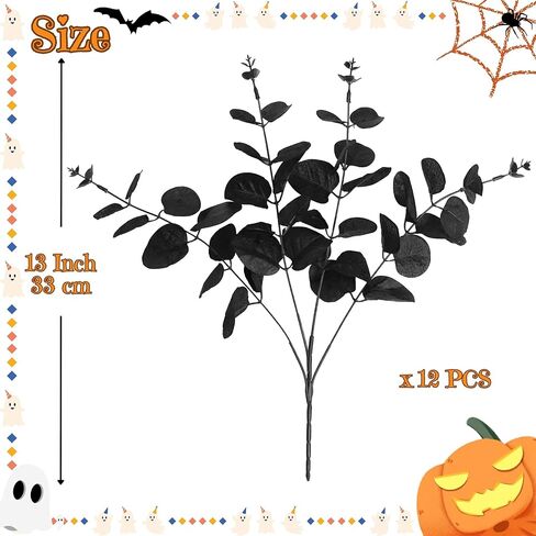 12 Pcs Artificial Black Eucalyptus Stems, 14" Faux Eucalyptus Leaves Branches Bouquet DIY Flower Arrangement, Black Silk Leaf for Halloween Centerpiece Farmhouse Home Decor(Vase Not Include) in Saudi Arabia