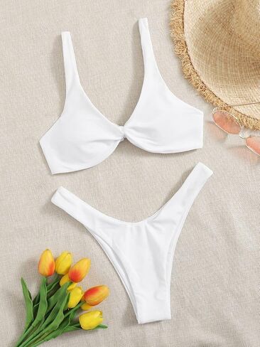 WDIRARA Women's Twist Front High Cut Tie Back Wireless 2 Piece Swimsuit Bikini Set in Saudi Arabia
