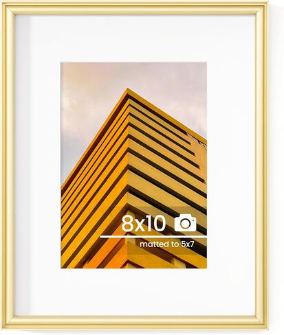 8x10 Metal Picture Frame with Mat for 5x7 Photo | 8 x 10 Aluminum Photo Frame with Tempered Glass | Wall or Tabletop Picture Frame Collection | Wall Hook Included (Set of 1, Gold) in Kuwait