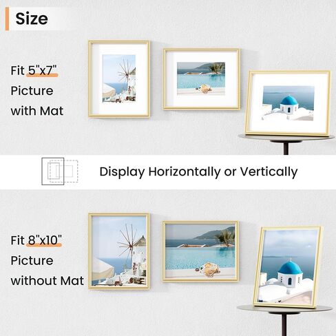8x10 Metal Picture Frame with Mat for 5x7 Photo | 8 x 10 Aluminum Photo Frame with Tempered Glass | Wall or Tabletop Picture Frame Collection | Wall Hook Included (Set of 1, Gold) in Kuwait