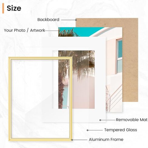 8x10 Metal Picture Frame with Mat for 5x7 Photo | 8 x 10 Aluminum Photo Frame with Tempered Glass | Wall or Tabletop Picture Frame Collection | Wall Hook Included (Set of 1, Gold) in Kuwait