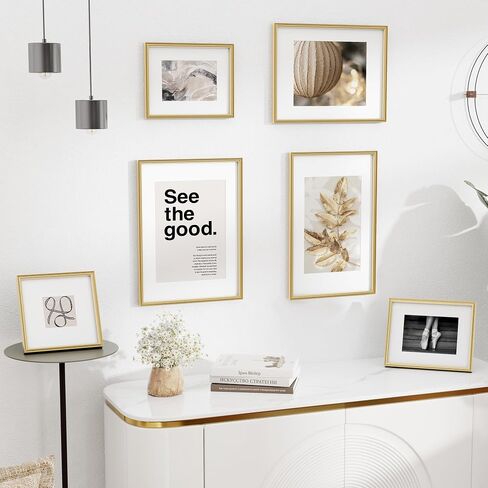8x10 Metal Picture Frame with Mat for 5x7 Photo | 8 x 10 Aluminum Photo Frame with Tempered Glass | Wall or Tabletop Picture Frame Collection | Wall Hook Included (Set of 1, Gold) in Kuwait