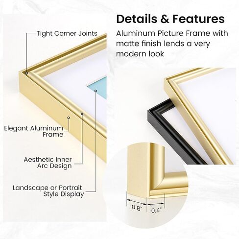 8x10 Metal Picture Frame with Mat for 5x7 Photo | 8 x 10 Aluminum Photo Frame with Tempered Glass | Wall or Tabletop Picture Frame Collection | Wall Hook Included (Set of 1, Gold) in Kuwait
