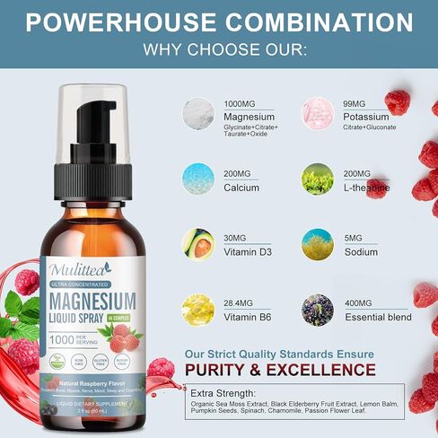 Magnesium Glycinate Liquid Spray with Citrate, Taurate, Oxide, Malate Calm Magnesium Liquid Drops Potassium Magnesium Complex L-Theanine Supplement D3,K2,B6 for Sleep,Leg Cramps,Heart,Muscle -2 Fl Oz in Kuwait