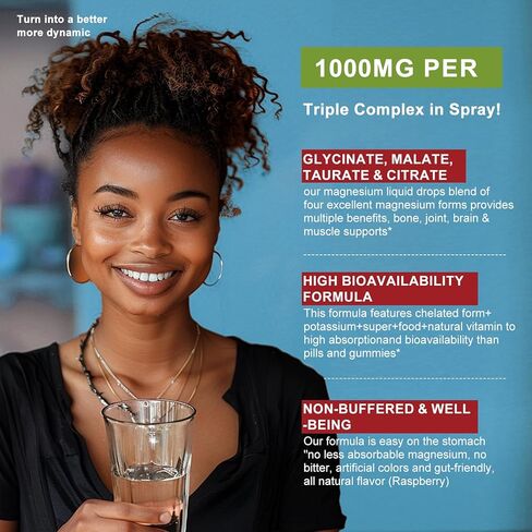 Magnesium Glycinate Liquid Spray with Citrate, Taurate, Oxide, Malate Calm Magnesium Liquid Drops Potassium Magnesium Complex L-Theanine Supplement D3,K2,B6 for Sleep,Leg Cramps,Heart,Muscle -2 Fl Oz in Kuwait