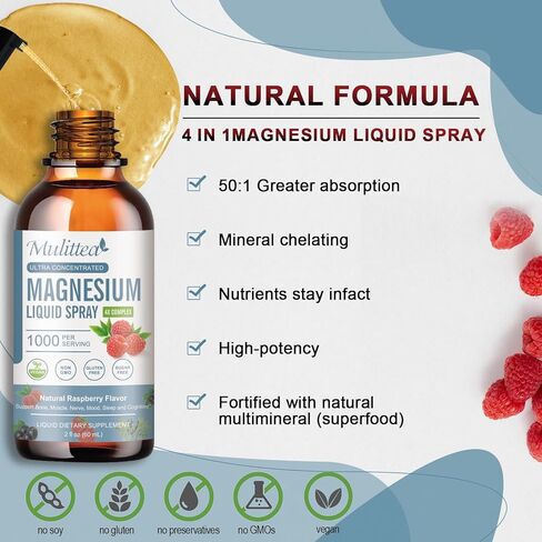 Magnesium Glycinate Liquid Spray with Citrate, Taurate, Oxide, Malate Calm Magnesium Liquid Drops Potassium Magnesium Complex L-Theanine Supplement D3,K2,B6 for Sleep,Leg Cramps,Heart,Muscle -2 Fl Oz in Kuwait