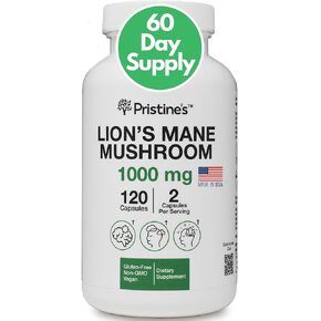PRISTINE'S Lion's Mane Mushroom 1000mg Brain Memory & Focus Adaptogen Supplement - 60 Day Supply - Cognitive Function & Immunity Health Memory Supplements for Adults - Vegan - Non-GMO