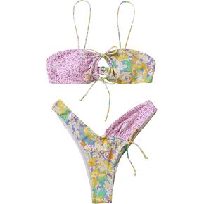 SOLY HUX Women's Floral Print Tie Front High Cut Bikini Bathing Suit 2 Piece Swimsuits