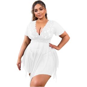 Women's 2 Piece Lingerie Set Plus Size Lace Sheer Mesh Bralettes Black Sleep Dress with Thongs Set