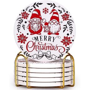 6 Pcs Ceramic Christmas Gnome Coasters with Holder Best Absorbent Coasters Gift Round Drink Christmas Coasters Xmas Holiday Cool Cup Coaster Vintage Table Coasters Set Coffee Cup Coasters