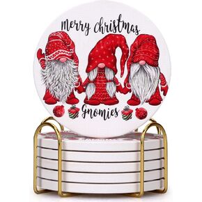 6 Pcs Ceramic Christmas Gnome Coasters with Holder Best Absorbent Coasters Gift Round Drink Christmas Coasters Xmas Holiday Cool Cup Coaster Vintage Table Coasters Set Coffee Cup Coasters