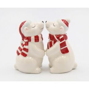 Fine Ceramic Christmas Holidays Polar Bear Couple Wearing Santa's Hat and Scarf Salt & Pepper Shakers Set, 3-5/8" H