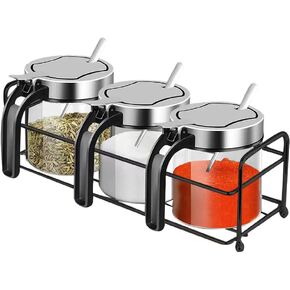 4 Pcs Glass Condiment Jars Spice Containers with Stainless Steel Lids, Serving Spoon and Base Rack, 10oz Clear Seasoning Jars Coffee Sugar Pepper Salt Bowls for Kitchen Organization (4 Jars Set)
