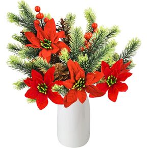Uieke 4 PCS Artificial Christmas Picks Pine Branches with Red Berry Stems, 13.6'' Poinsettia Christmas Tree Picks Faux Evergreen Sprigs for Home DIY Wreath Craft Winter Festive Decor
