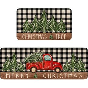 Red Christmas Kitchen Rugs Set of 2 Xmas Trees Snowflake Kitchen Mat for Floor Winter Holiday Non-Slip Kitchen Sink Mats Kitchen Decor Doormat+Runner Rug