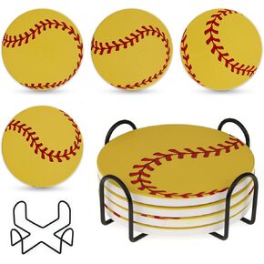 Baseball Coasters Set of 4, Ceramic Absorbent Coaster for Drinks with Holder & Cork Base, Round Coasters for Wooden Tabletop Protection, Suitable for Kinds of Cups, Baseball Table Decor, Black