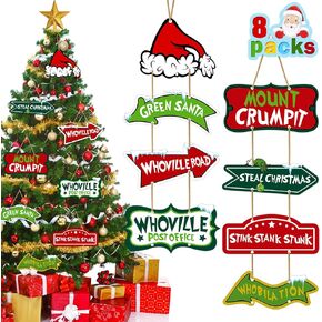 YUJUN 8 Pack Christmas Whoville Tree Decorations,Xmas Large Wooden Crafts Tree Hanging Ornaments Signs for Christmas Welcome to Home Outdoor Porch Party Decorative Supplies