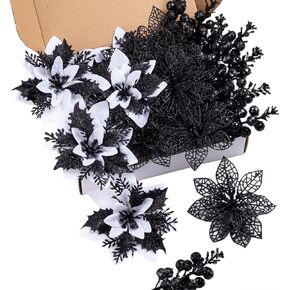 24Pcs Christmas Poinsettia Artificial Flowers and Glitter Berries Kit, 2 Styles Total 16Pcs Christmas Tree Flowers Ornaments, 8Pcs Christmas Tree Picks for Wedding Holiday Decorations, Champagne
