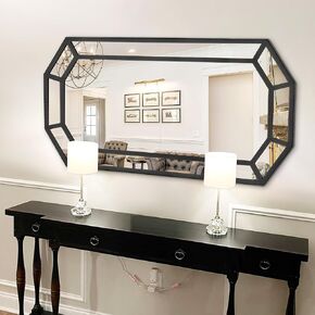Chende Large Wall Mirror for Living Room, 24" x 47" Black Decorative Mirror with Metal Frame, Octagonal Elegant Mirror for Decor Dining Room, Entrance, Bedroom, Bathroom