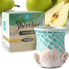 شمعة Shoreline Artisan، شمعة مصبوبة يدويًا من الصدف البحري والصويا البحرية، شمعة زجاجية مزخرفة لديكور المنزل الفاخر، شمعة الصويا مع احتراق طويل أكثر من 80 ساعة - نجيل الهند (13oz) in Saudi Arabia