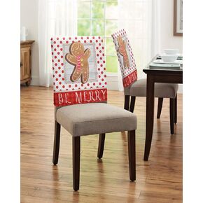 Dining Chair Back Covers, Be Merry Christmas Cartoon Gingerbread Man Red Polka Dot Wooden Plank Chair Covers Chair Slipcovers Protective Covers for Holiday Party Festival Decoration, Set of 6