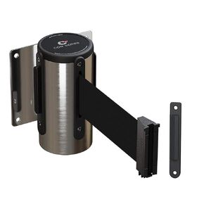 Crowd Control Warehouse - CCW Series WMB-125 Fixed Wall Mount Retractable Belt Barrier -11 Foot, Black/Red Stripe Belt with Stainless Steel Case