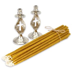 Orthodox Candle Holders - Set of 2 Cross Design Nickel Plated Candlesticks + 20 pcs Pure Beeswax Church Candles | Prayer Corner | Home Altar