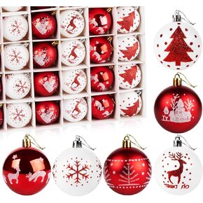 ilauke Christmas Ornaments Set, 30Pcs Shatterproof Red&White Christmas Balls Ornaments Traditional Xmas Tree Ornament Including Elk Snowflake Pine Patterns (2.36"/6cm)