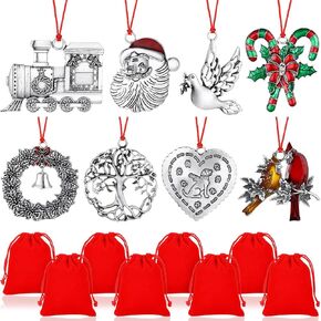 Zhengmy 8 Pieces Solid Pewter Metal Christmas Tree Ornament Gnomes Santa Snowflake Angel Snowman Hanging Ornaments Xmas Gifts with Red Bags(Cute)
