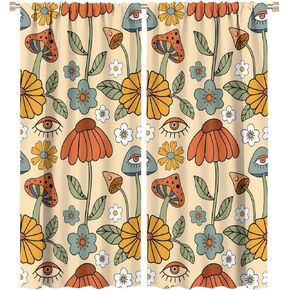 Retro Boho Floral Mushroom Curtains, Funky Mushrooms Flowers and Eyes Trippy Hippie Vintage Cottage Blackout Rod Pocket Windows Door Curtain for Bedroom Living Room Home Decor 55x63in