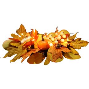 12 Inch Fall Candle Rings, Artificial Maple Leaves and Berries Garland for Candlestick Autumn Wreath Candle Holders for Farmhouse Fall Thanksgiving Halloween Table Centerpiece Decor(with light)