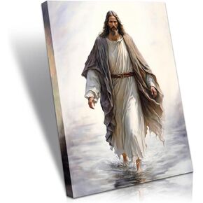 Framed Jesus Wall Art Jesus Decor Walking In The Water Canvas Christian Religious Black Jesus Canvas Wall Decoration Bible Picture Poster Printing Living Room Painting Bedroom Church Ready To Hang.