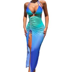 WDIRARA Women's 3 Pieces Swimsuits Ombre Halter Triangle Bikini Set Beach Bathing Suit with Split Cover Up