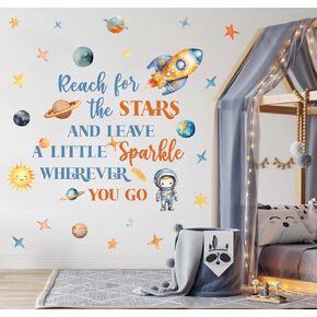 OLMIXA Reach for The Stars and Leave a Little Sparkle Wherever You Go Wall Decal, Space Rocket Planet Wall Stickers, Vinyl Outer Space Inspirational Quote Wall Art for Kids Bedroom Playroom Decor