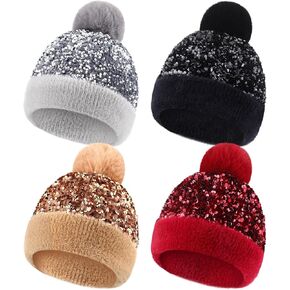 4 Pcs Winter Beanie with Pom Pom Women Sequin Hat Glitter Hat Sequin Faux Fur Hat Warm Winter Skull Cap for Women Supplies