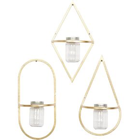 CosmoLiving by Cosmopolitan Metal Geometric Wall Planter Hanging Planter with Glass Holder, Set of 3 Plant Hanger 8"W, 17"H, Gold