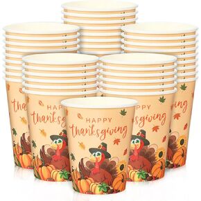 Whaline 100Pcs Happy Thanksgiving Paper Cups Colorful Turkey Pumpkin Maple Leaf Disposable Cups Autumn Party Cups for Juice Coffee Hot Cold Drink Party Supplies, 9oz