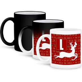 3dRose Letter L Monogram Christmas White Reindeer Deck The Halls Theme Mug, 11 oz