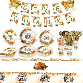 Thanksgiving Plates and Napkins - Thanksgiving Paper Plates Set for 24 Guests, Including Plates(9"), Desert Plates(7"), Napkins, Cups, Knives, Forks, Spoons, Straws, Tablecloth and Banner