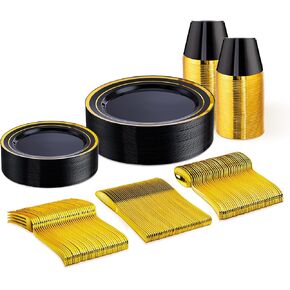 WELLIFE 600 PCS Gold Disposable Dinnerware Set for 100 Guests, Gold and White Plastic Plates for Party, 100 Dinner Plates, 100 Salad Plates, 100 Cups Forks Knives Spoons for Wedding and Party Supplies