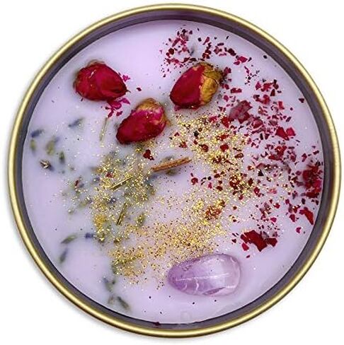 Fifi Peony's Gemstone Candles- Scented with Sweet Peonies and Infused with a Calming Amethyst Crystal and Handplaced Dried Flowers to Manifest Tranquility. Burns with an Elegant Wooden Wick. 8oz. in Saudi Arabia